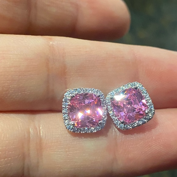 Simulated Pink Diamond cushion earrings - Picture 3 of 4